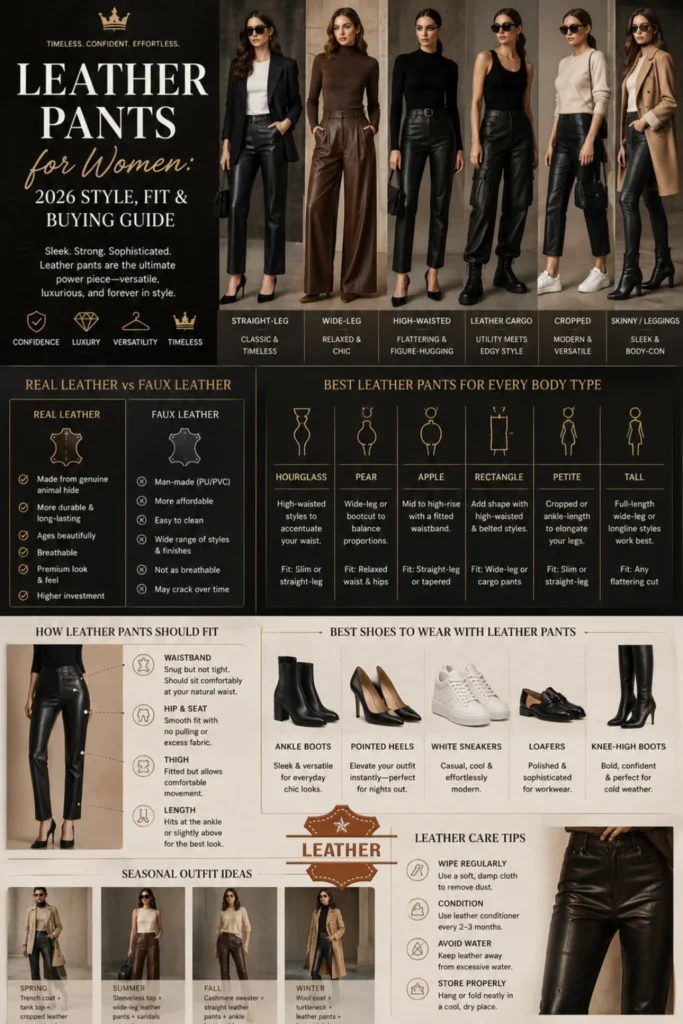 Leather pants for women 2026 infographic showing wide-leg, straight-leg, faux leather, and high-waisted leather pant outfit styling ideas.