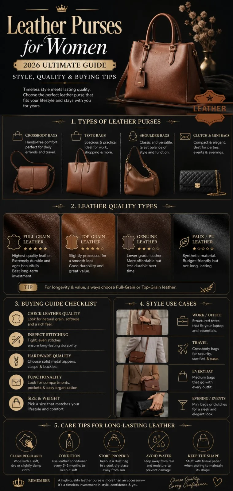 Leather purses for women infographic showing types, leather quality, buying guide, and styling tips for 2026 fashion trends
