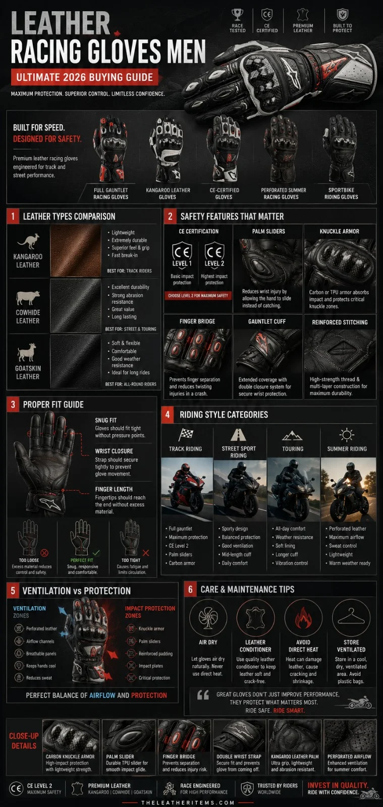Premium leather racing gloves for men featuring carbon knuckle armor, palm sliders, CE-certified protection, and kangaroo leather construction in a 2026 motorcycle riding guide infographic.