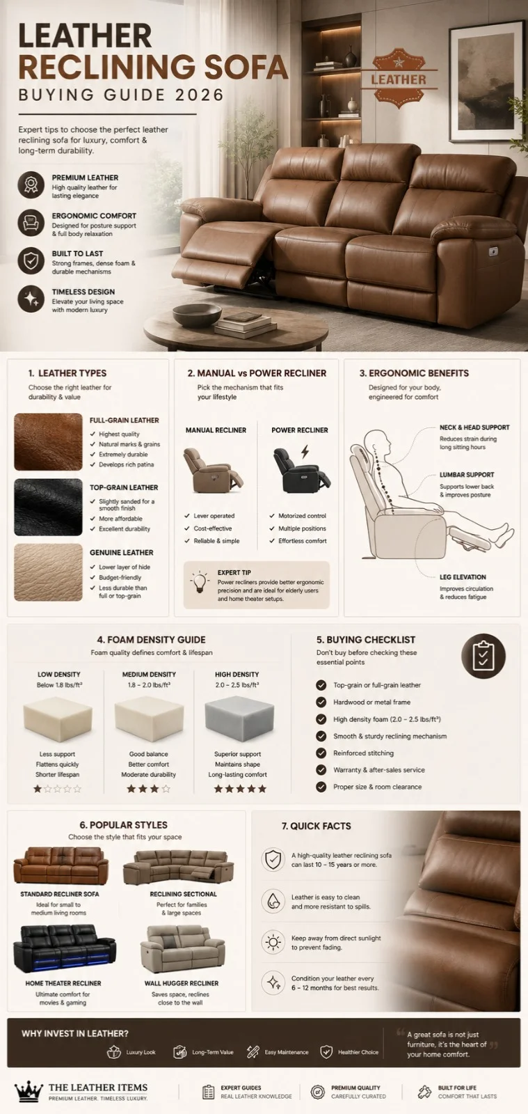 Leather reclining sofa buying guide infographic showing leather types, recliner features, and ergonomic comfort tips for 2026 buyers.