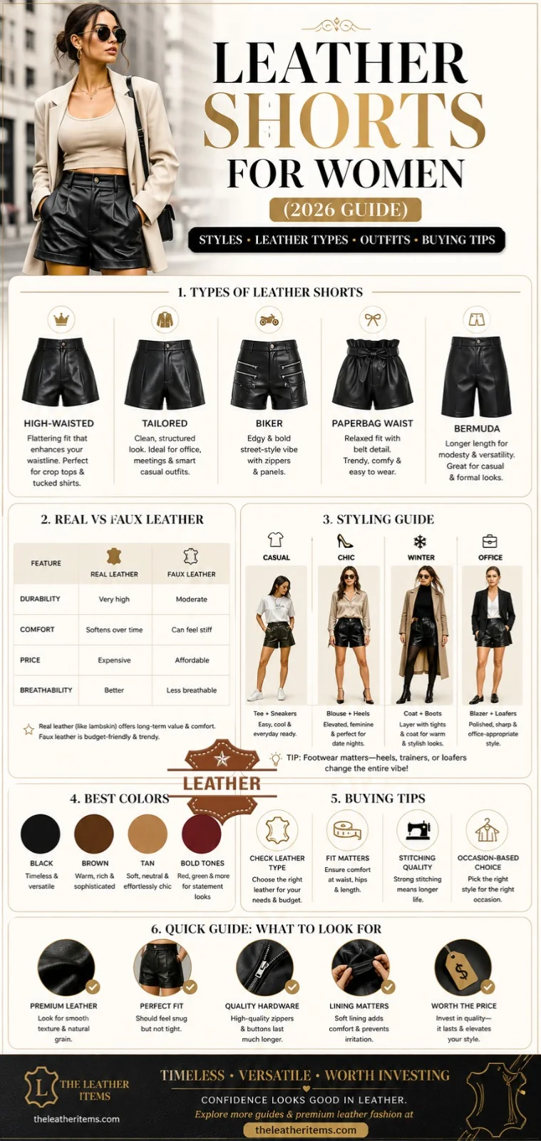 Leather shorts for women infographic showing styles, real vs faux leather comparison, outfit ideas, and buying guide for 2026 fashion trends.