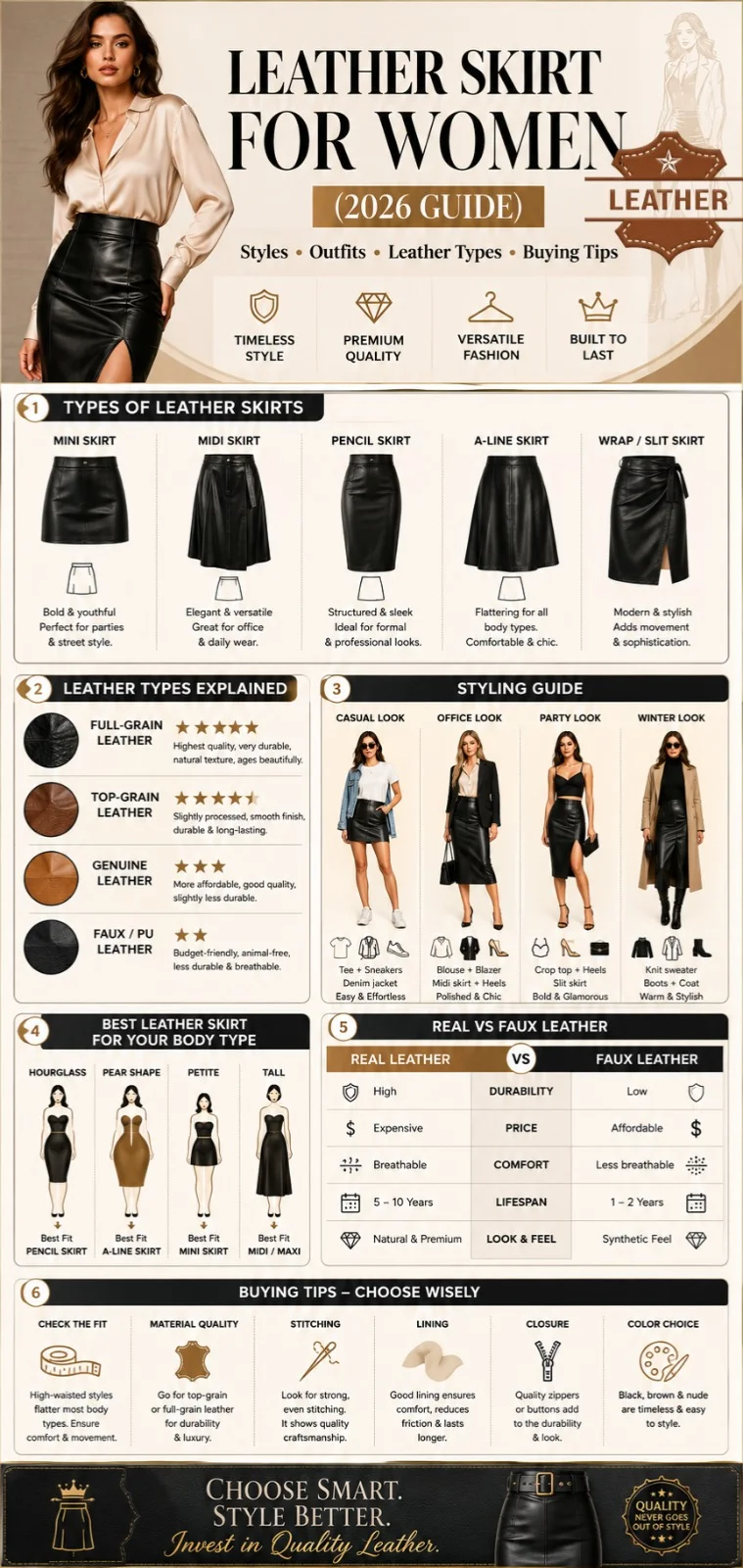 Leather skirt women infographic showing styles, outfits, leather types, body type guide, and real vs faux leather comparison for smart buying.