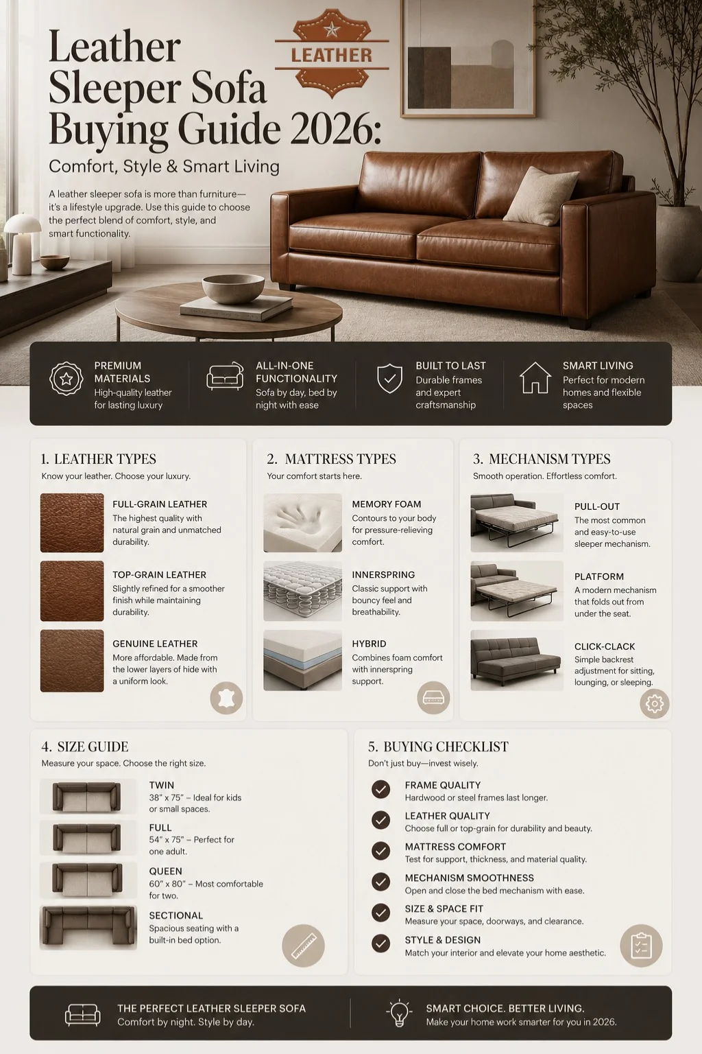 Leather sleeper sofa buying guide infographic showing leather types, mattress options, sizes, and buying tips in a luxury modern interior design style.