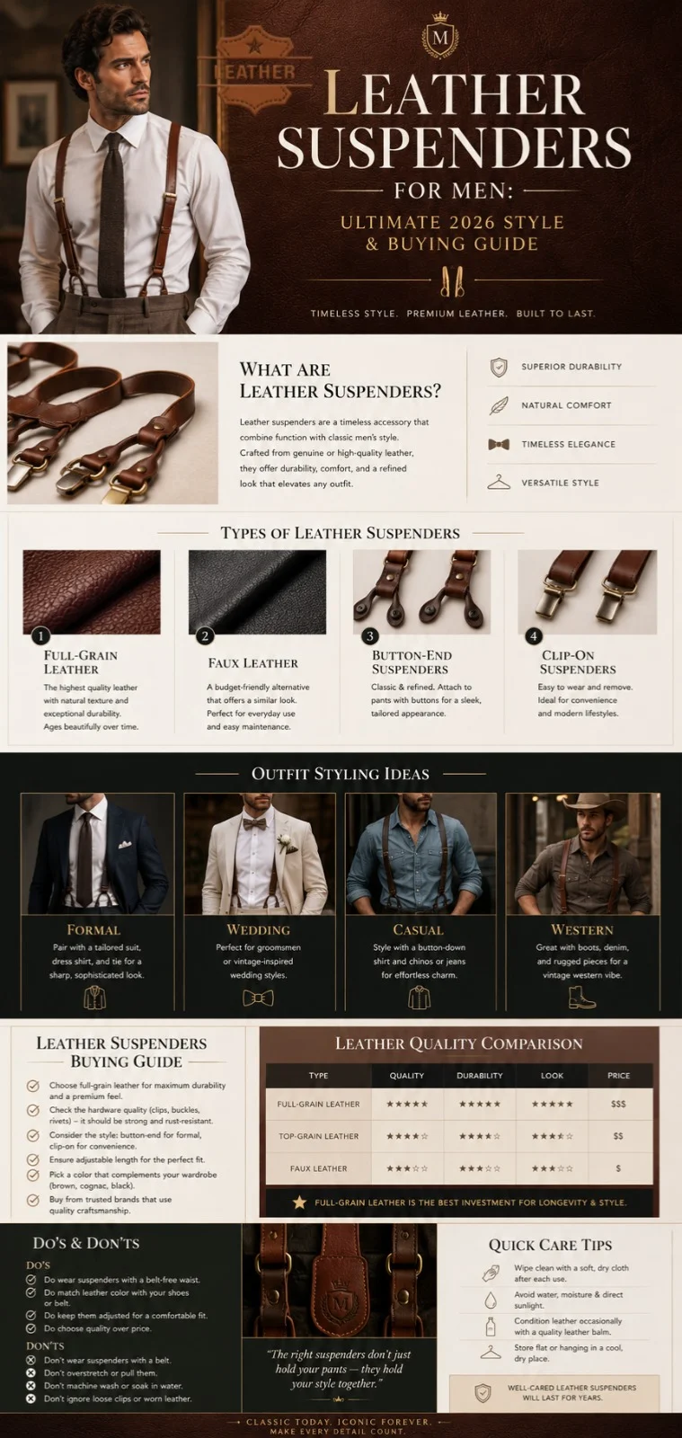 Leather suspenders for men infographic showing types, styling ideas, outfit combinations, and a buying guide for 2026 fashion trends.