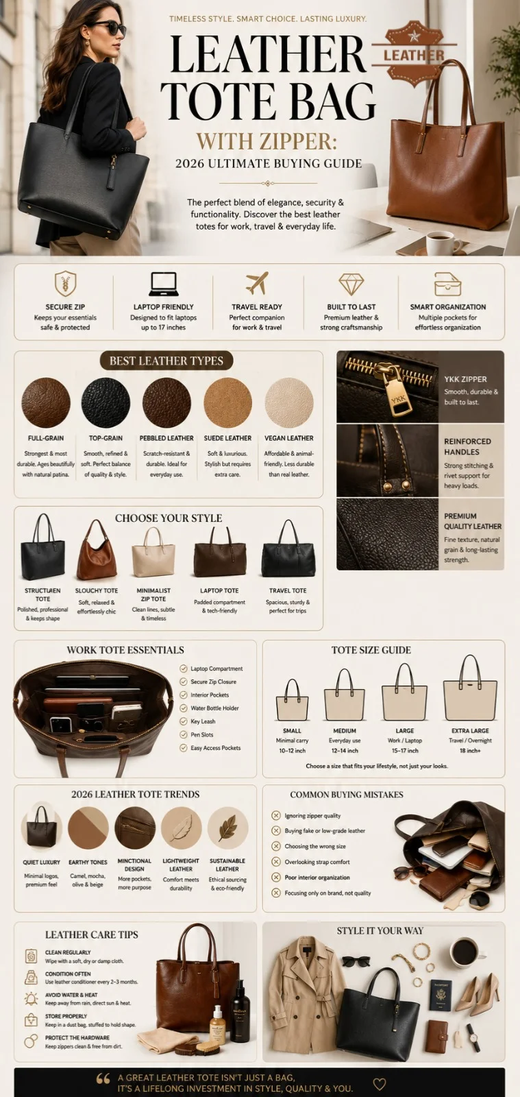 Luxury leather tote bag with zipper infographic showing full-grain leather work totes, laptop compartments, premium zipper hardware, tote styles, and 2026 fashion trends.