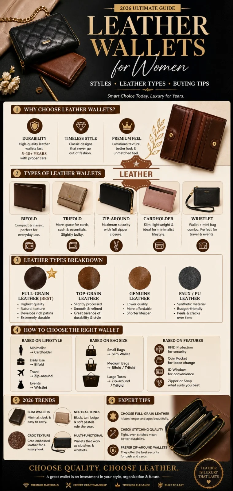 Leather wallets for women infographic showing wallet types, leather quality comparison, buying tips, and 2026 trends.