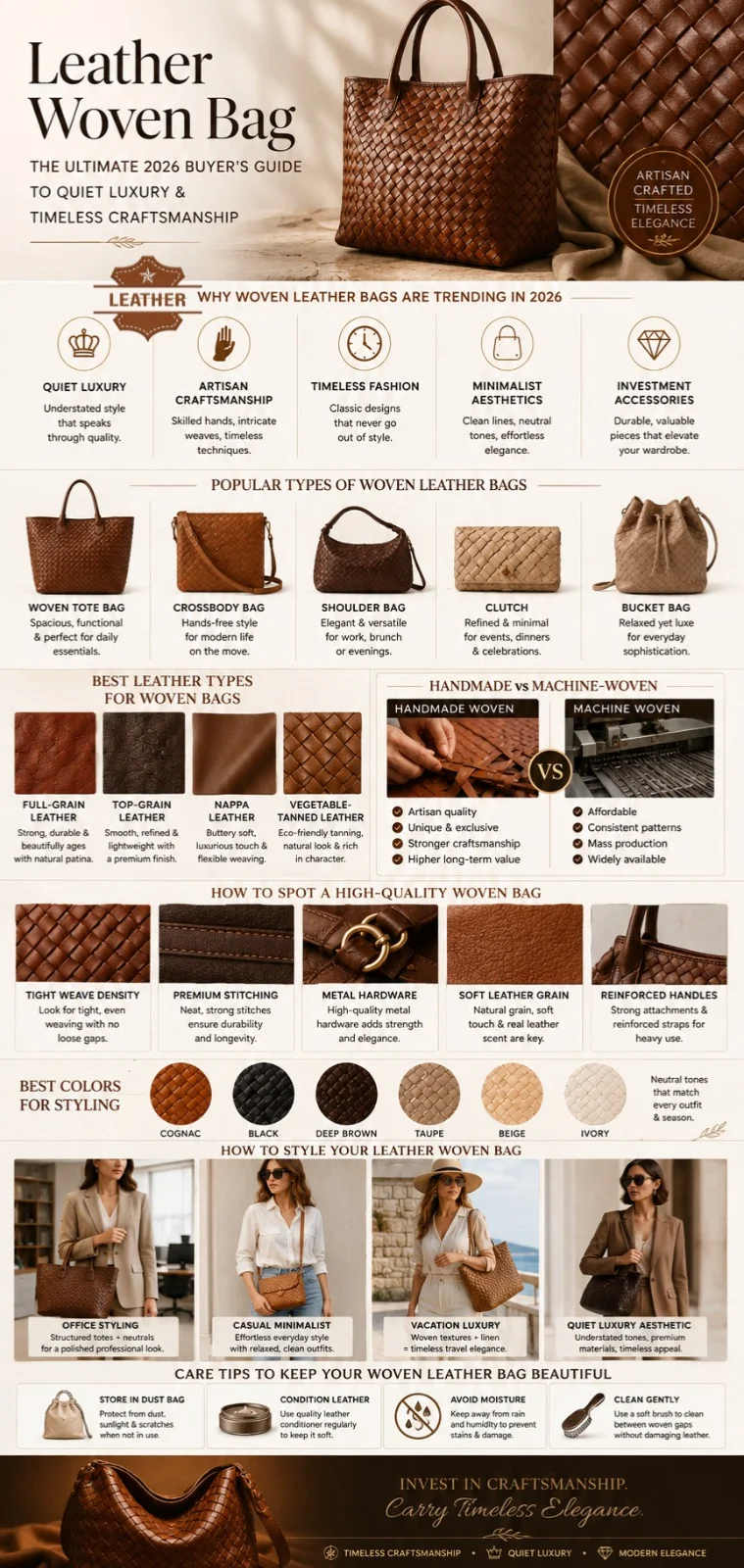 Luxury leather woven bag infographic showing woven tote bags, leather types, craftsmanship guide, styling ideas, buying tips, and quiet luxury fashion trends for 2026.