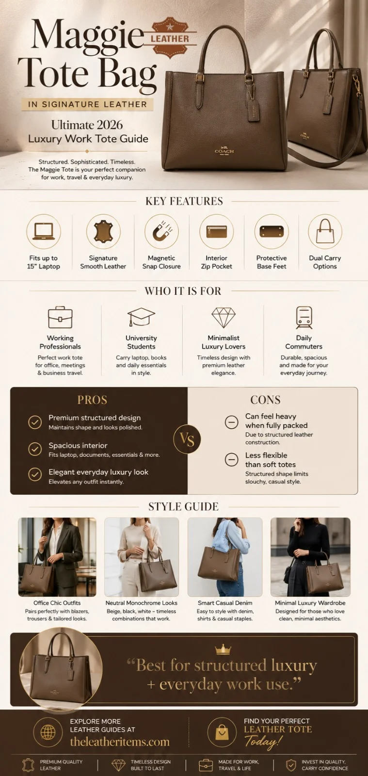 Maggie Tote Bag in Signature Leather luxury infographic showing features, size, pros and cons, styling ideas, and 2026 buying guide for structured work tote bags.