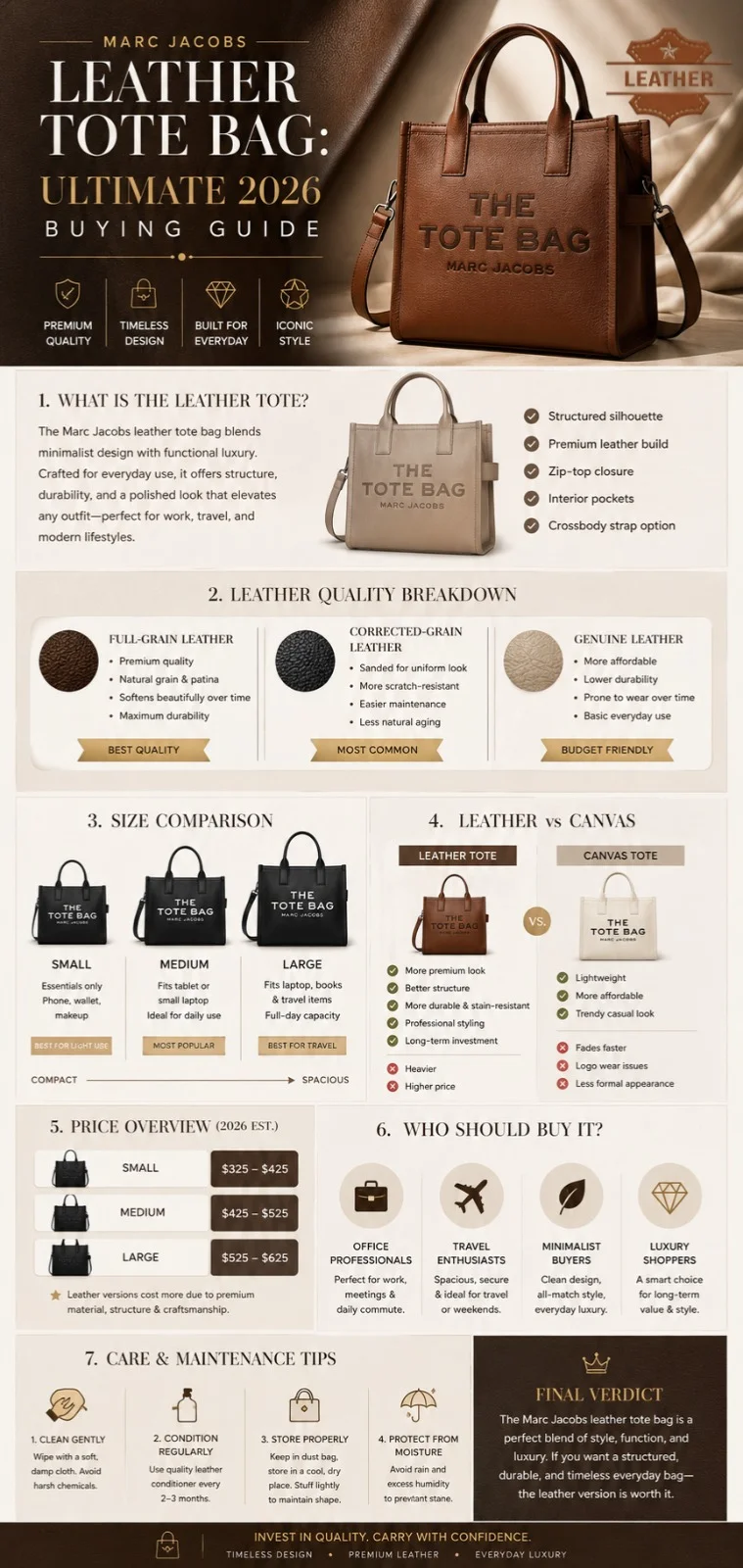 Marc Jacobs leather tote bag infographic showing sizes, leather quality types, price range, and buying guide for 2026 luxury handbag shoppers.