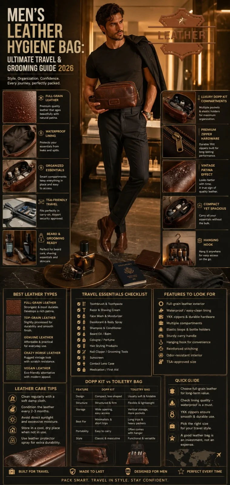 Luxury men’s leather hygiene bag infographic showing full-grain leather Dopp kit features, grooming essentials, travel organization, and toiletry bag buying guide.