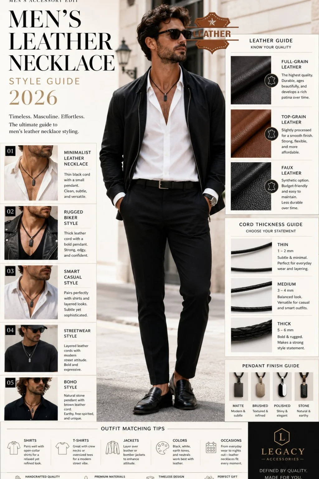 Men wearing leather necklace style guide infographic 2026 showing outfit ideas, cord thickness, and fashion styling tips for minimalist and rugged looks.