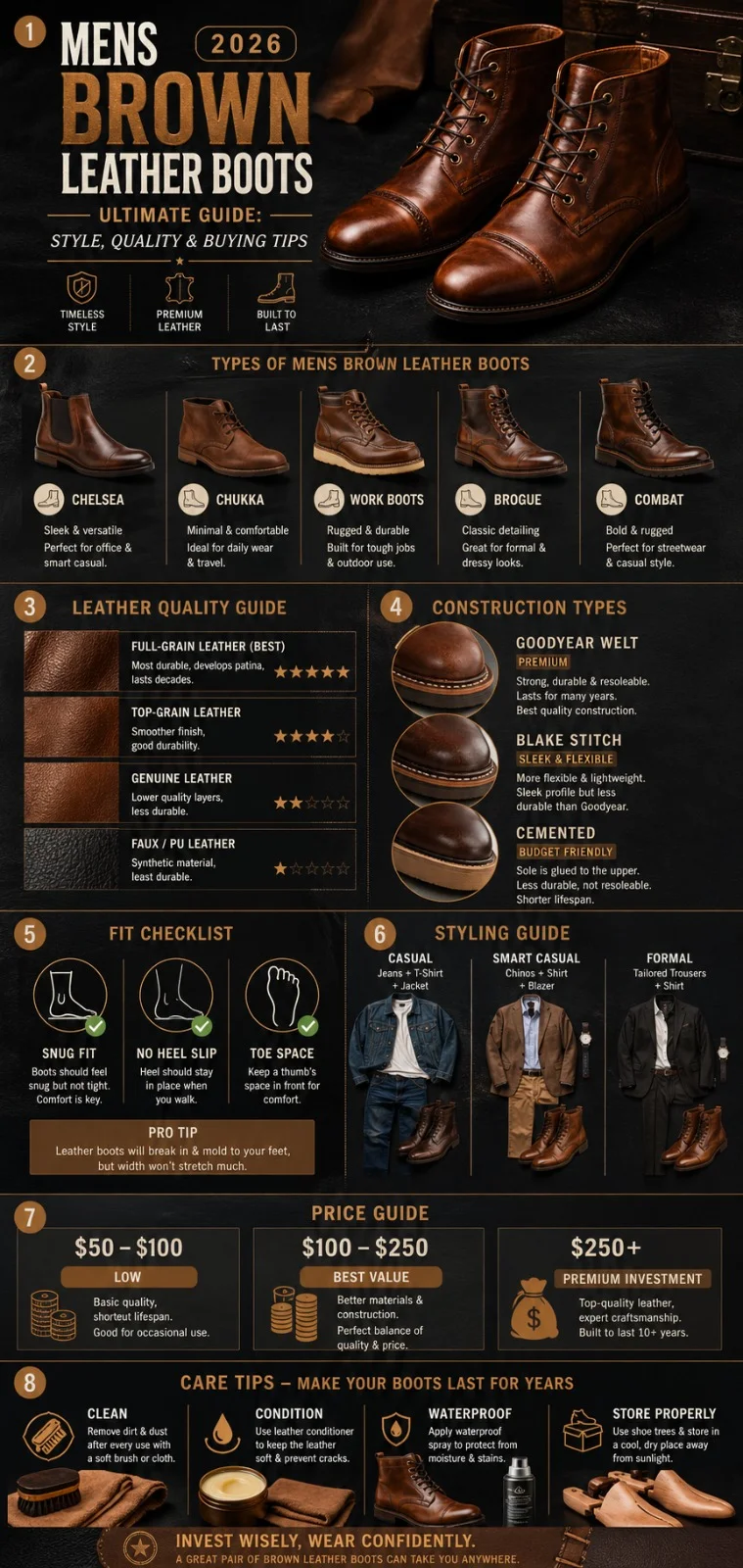 Men's brown leather boots infographic showing styles, leather quality, fit guide, construction types, styling tips, and buying guide for 2026.