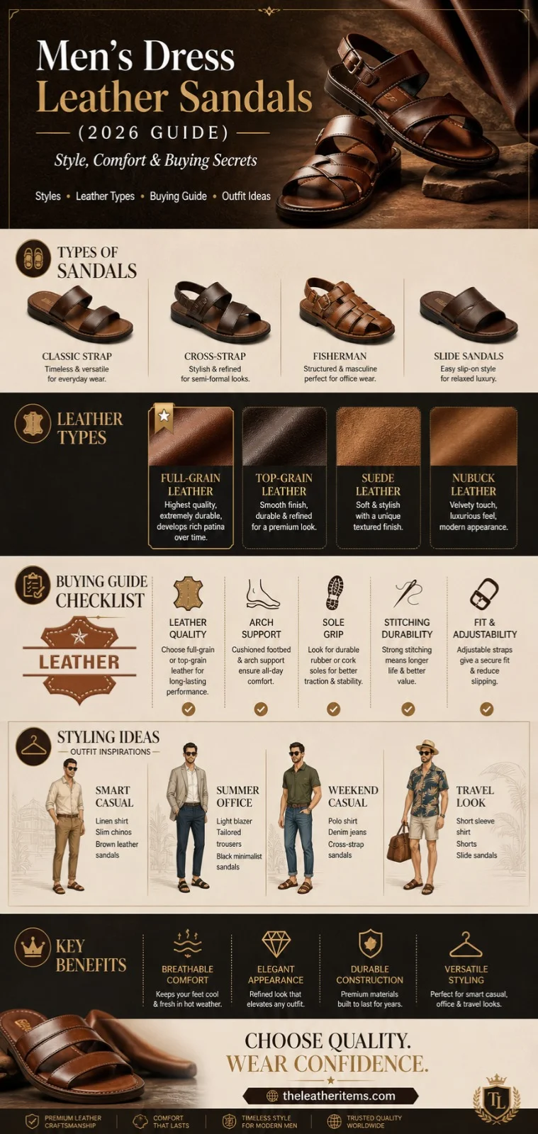 Men’s dress leather sandals 2026 guide showing styles, leather types, buying tips, and outfit ideas for smart casual and formal summer fashion.