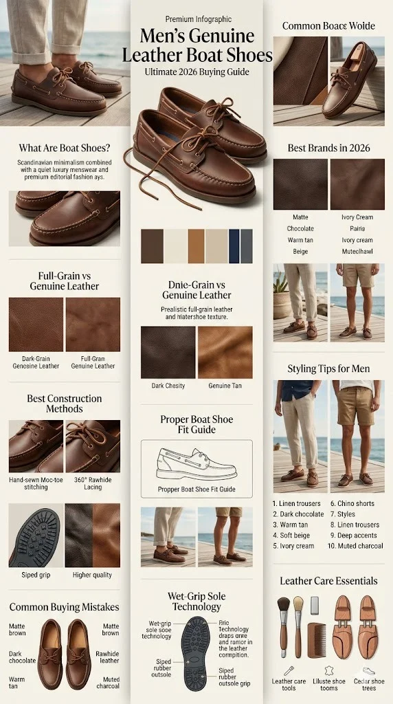Men’s genuine leather boat shoes infographic showing full-grain leather, moc-toe construction, fit guide, styling tips, and 2026 buying recommendations.