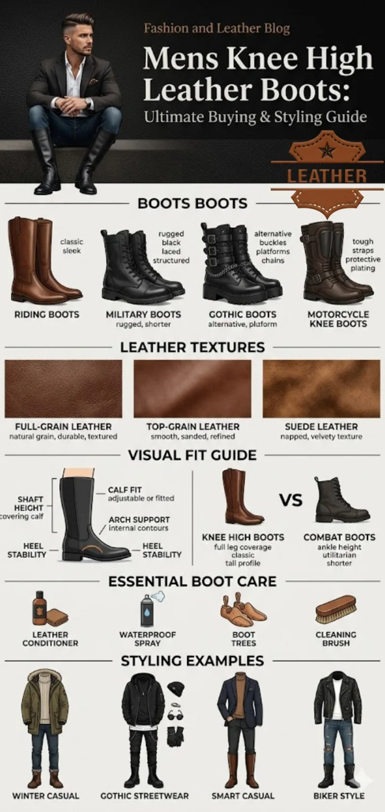 Men's knee-high leather boots infographic showing riding boots, gothic boots, leather types, fit guide, styling ideas, and leather care tips for men