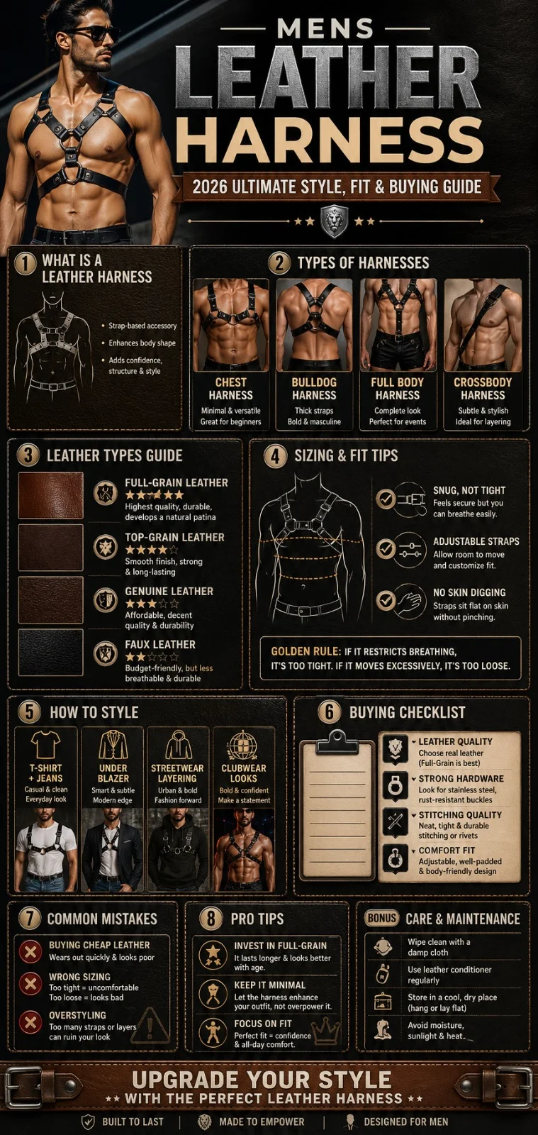 Men's leather harness infographic showing styles, sizing guide, leather types, outfit ideas, and expert buying tips for men’s fashion in 2026.