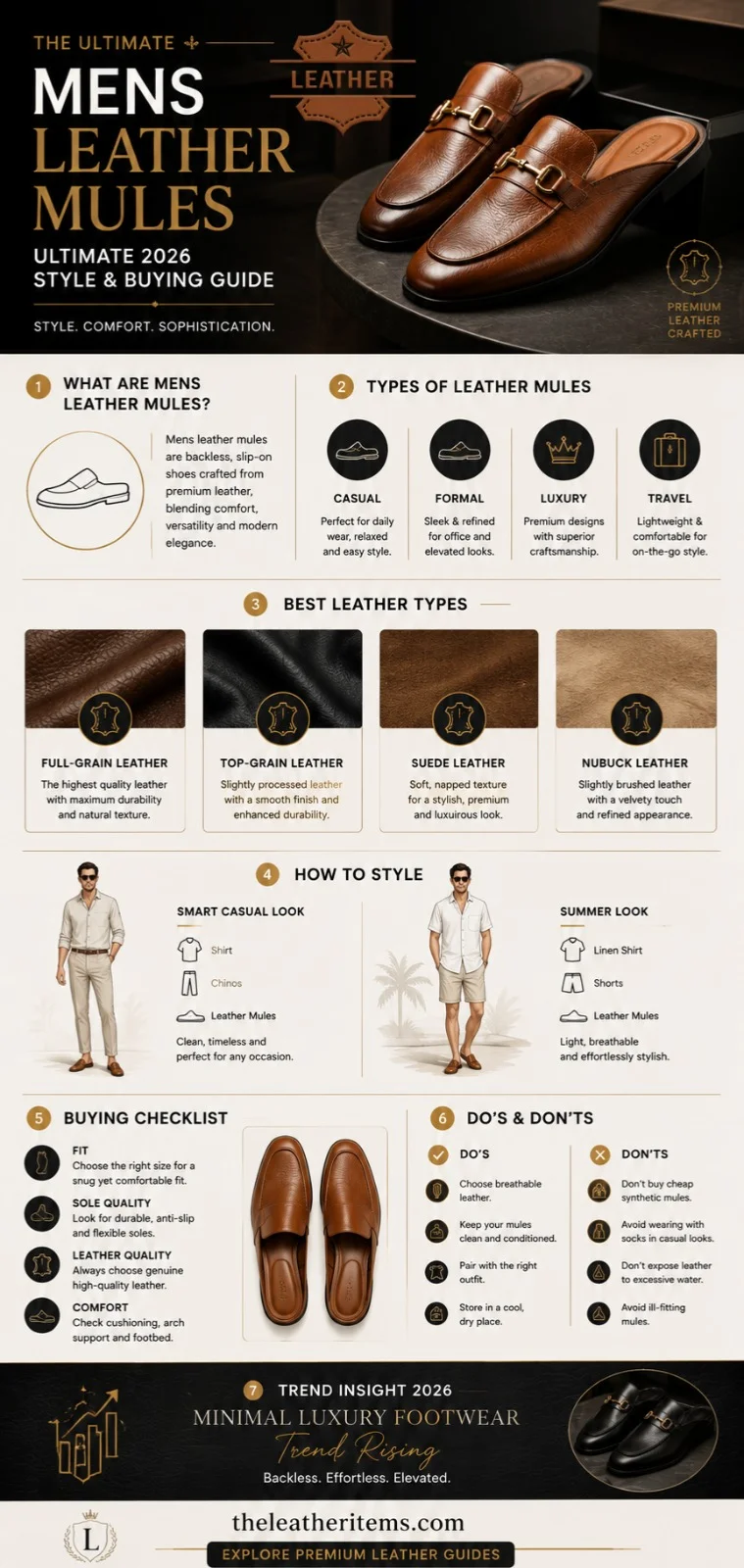 Men's leather mules infographic showing styles, leather types, outfit ideas, and buying guide for 2026 fashion trends and footwear selection tips.