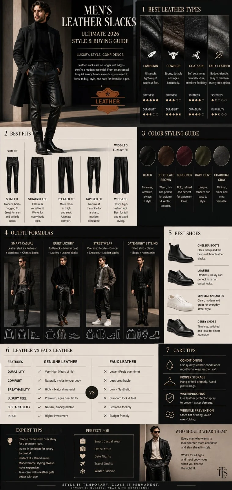 Modern man wearing matte black men’s leather slacks with Chelsea boots and a luxury smart-casual winter outfit styling guide infographic for 2026.