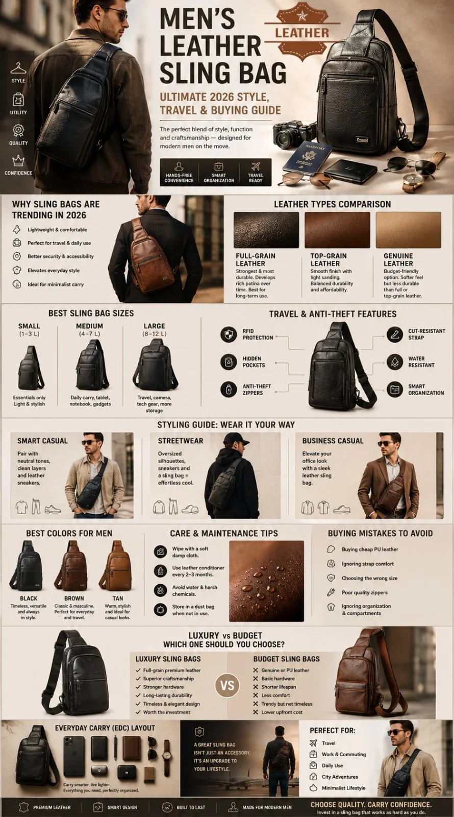 Premium infographic showing men’s leather sling bags, leather types, travel features, styling ideas, and buying tips for 2026 fashion and everyday carry.