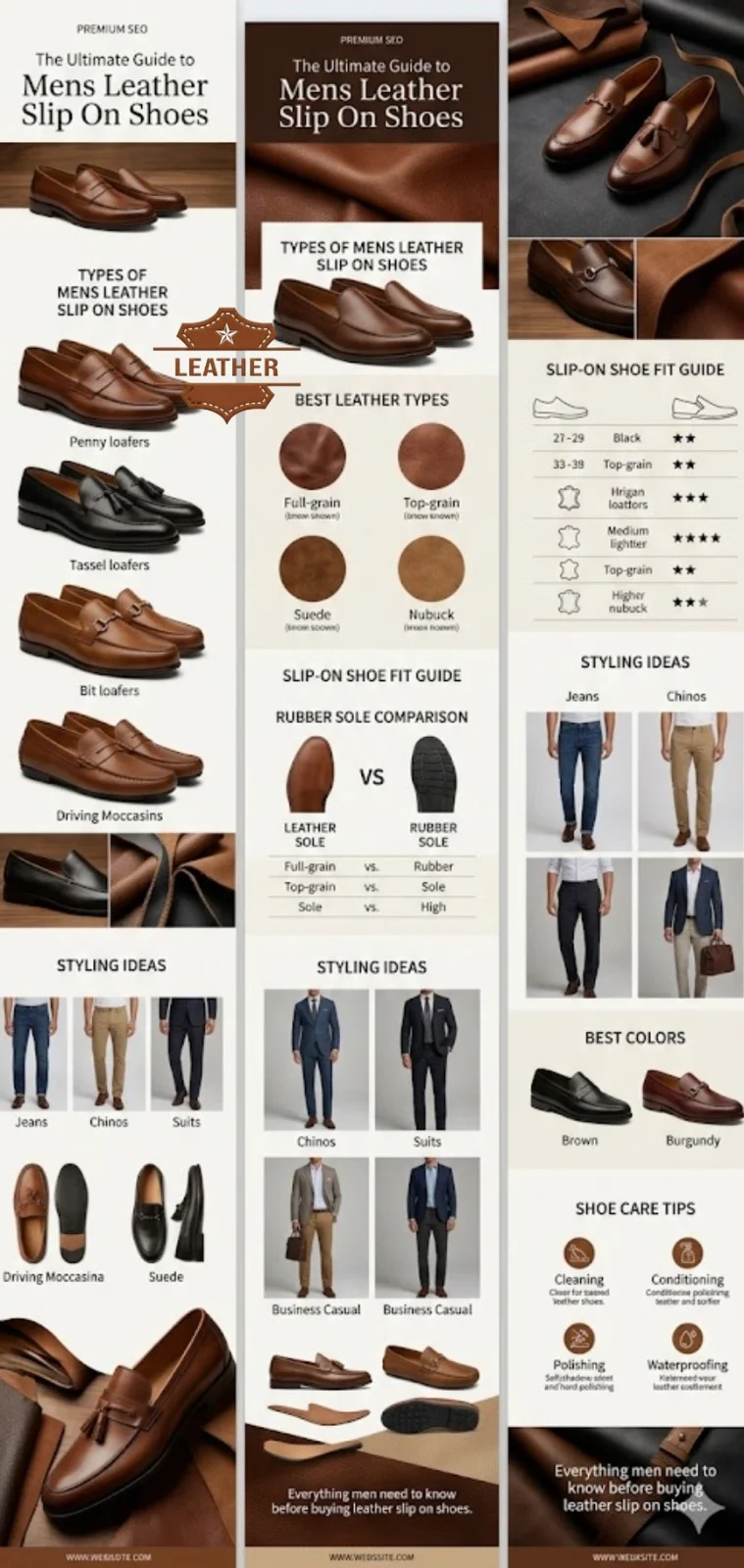 Men's leather slip-on shoes infographic showing loafers, leather types, fit guide, styling tips, sole comparison, and shoe care advice for men.
