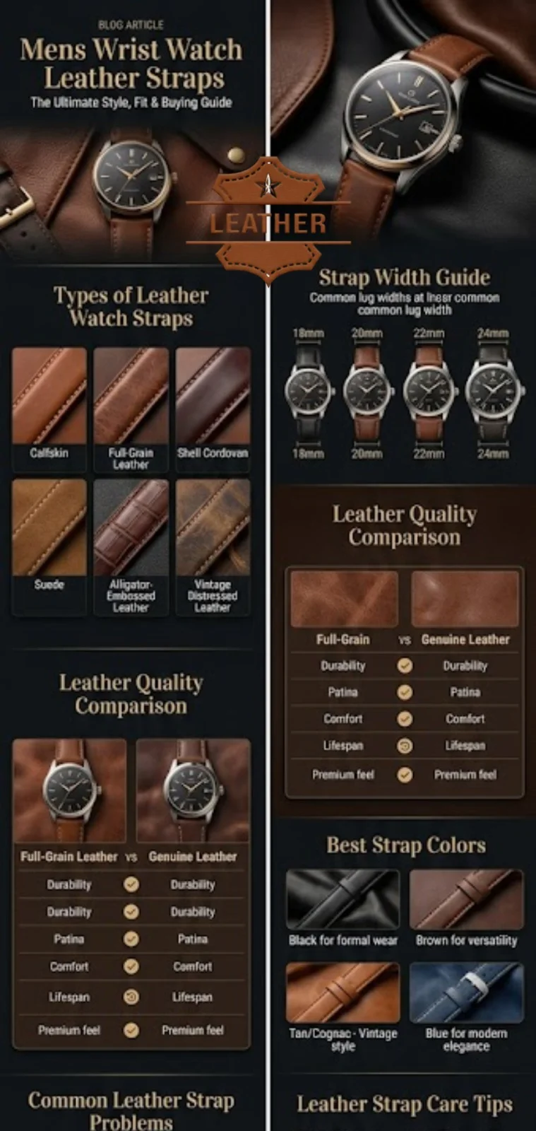 Infographic showing men's wrist watch leather straps guide including leather types, lug width sizing, full-grain vs genuine leather comparison, strap colors, care tips, and watch styling advice.