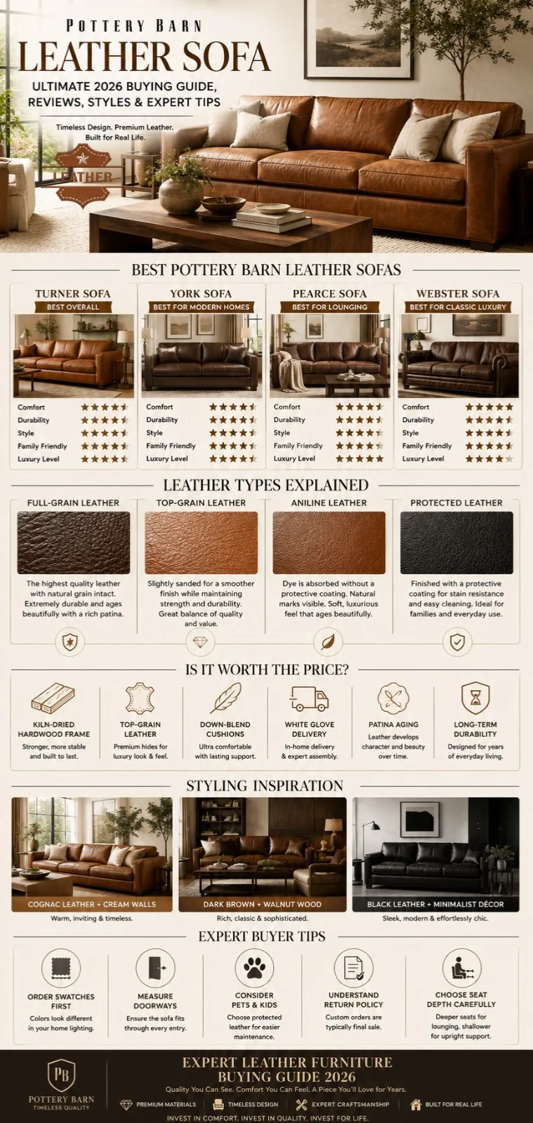 Luxury Pottery Barn leather sofa infographic featuring Turner, York, Pearce, and Webster sofa comparisons, leather types, styling ideas, and expert buying tips for 2026.