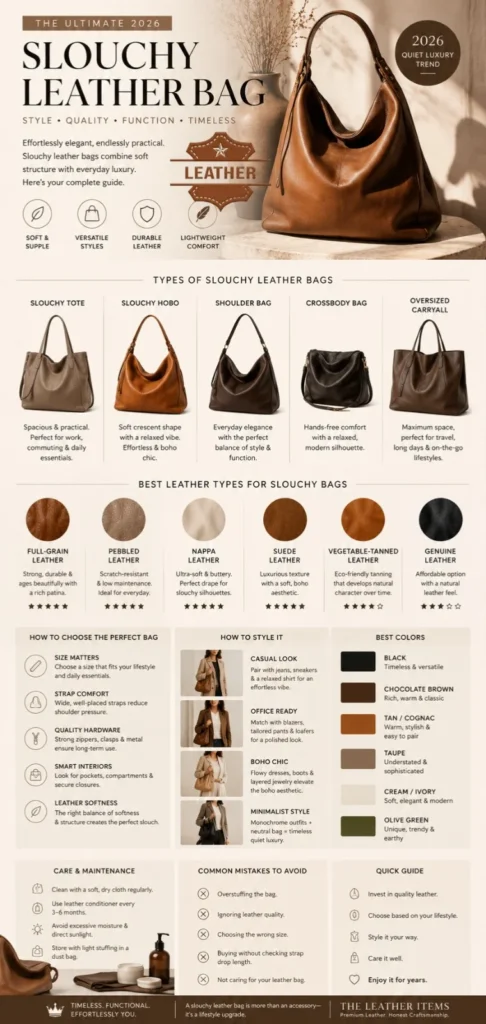 Slouchy leather bag infographic showing styles, leather types, and a buying guide for 2026 fashion trends in a luxury minimalist design.