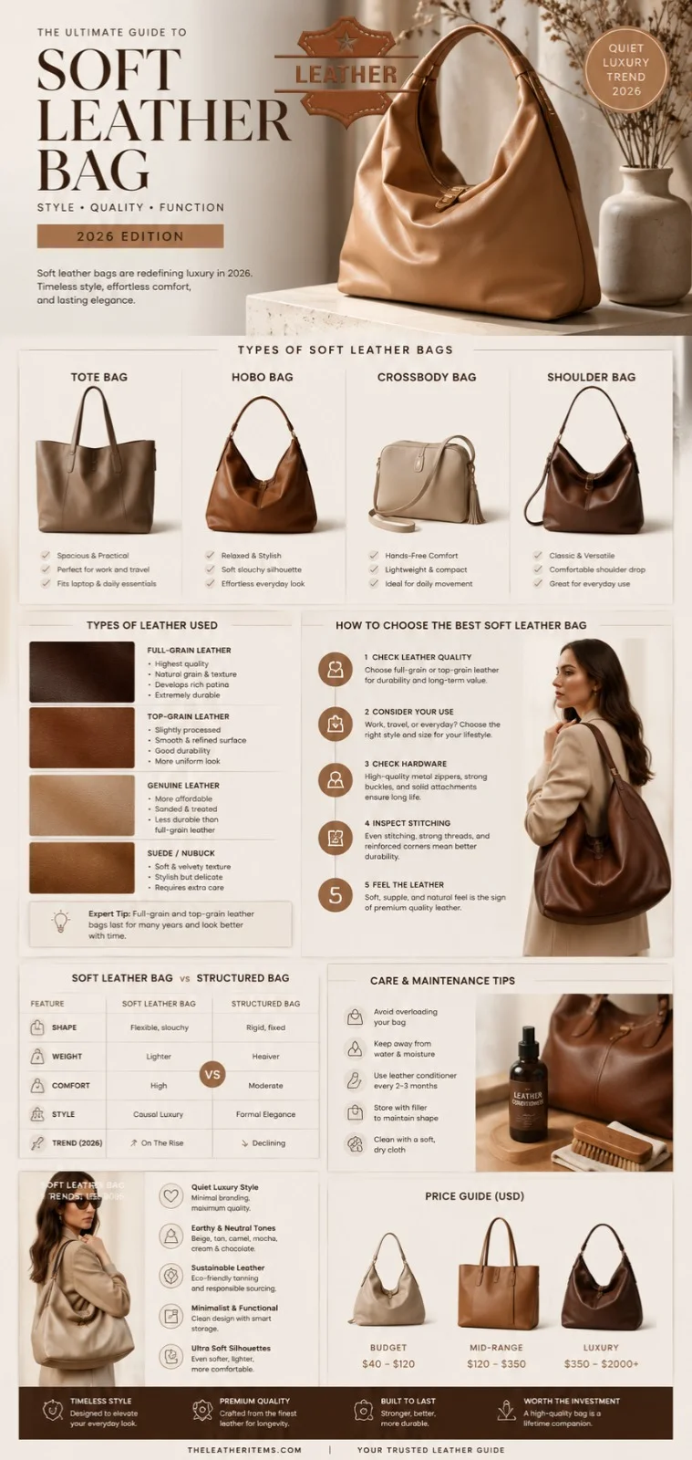 Soft leather bag infographic showing 2026 style guide, types of leather handbags including tote, hobo, and crossbody bags with buying tips and luxury fashion trends.