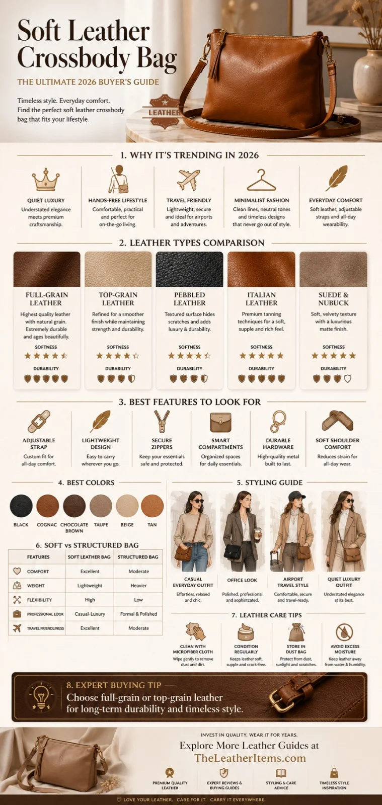 Luxury soft leather crossbody bag infographic showing 2026 buyer’s guide, leather types, styling tips, color trends, care tips, and handbag comparison.