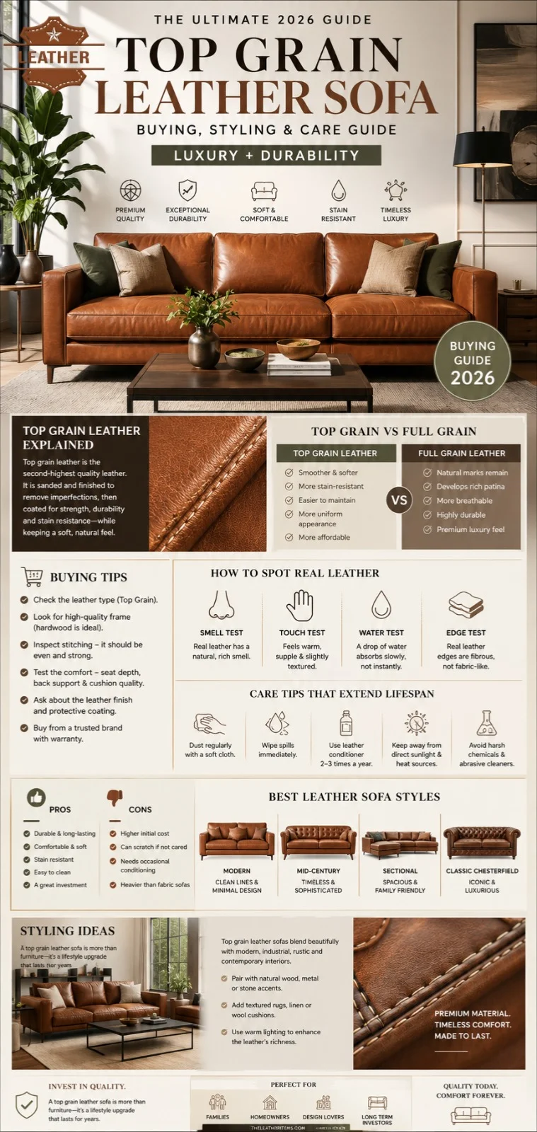 Luxury cognac top grain leather sofa in a modern living room with infographic sections showing leather comparison, buying tips, care guide, and styling ideas for 2026.