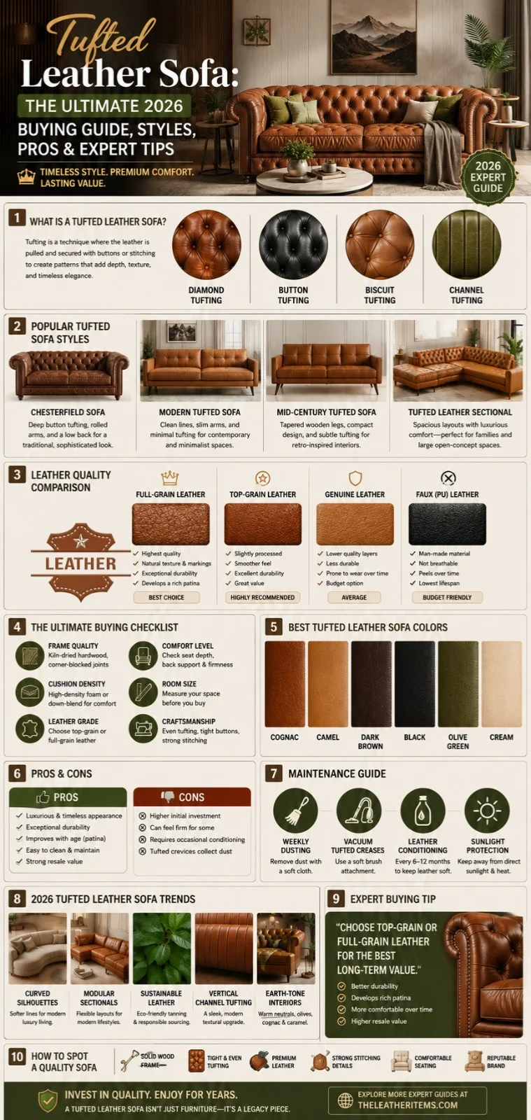 Tufted leather sofa buying guide infographic showing Chesterfield and modern tufted sofa styles, leather quality comparison, buying tips, maintenance advice, and 2026 furniture trends.