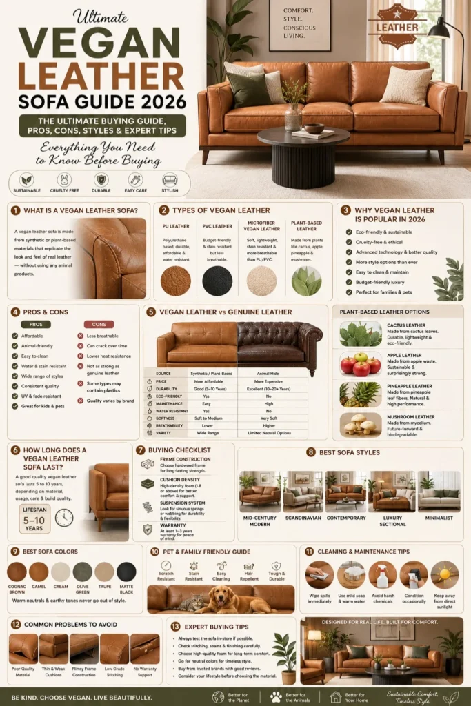 Vegan leather sofa buying guide infographic showing sofa types, vegan leather materials, pros and cons, durability comparison, care tips, and modern living room styling ideas for 2026.