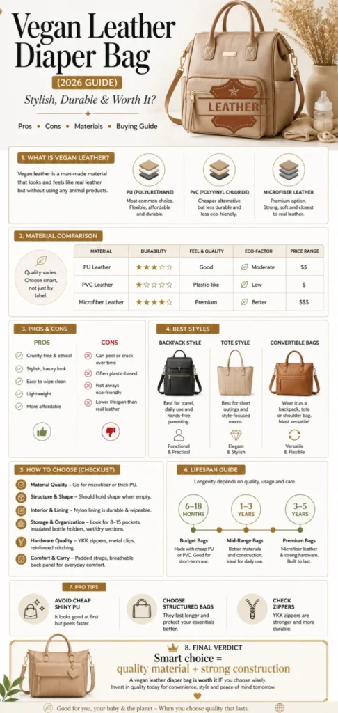 Vegan leather diaper bag infographic showing materials comparison, pros and cons, lifespan, styles, and buying guide for parents in 2026