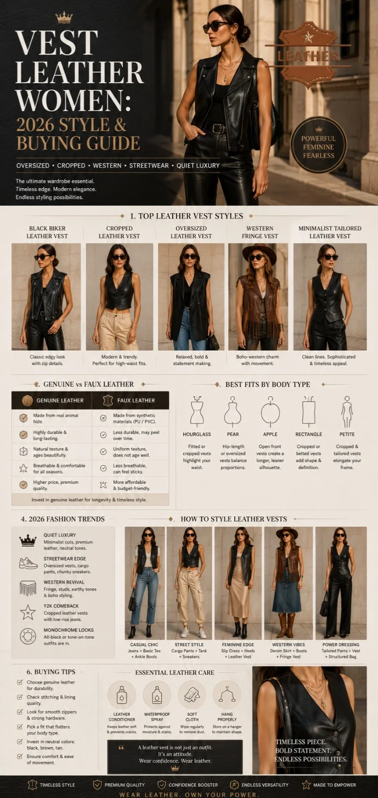 Stylish women wearing black, cropped, oversized, and western leather vests in a 2026 fashion infographic with outfit styling and buying guide tips.