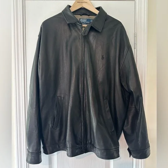 Vintage Ralph Lauren Men's Black Lamb Skin Leather Jacket Xl