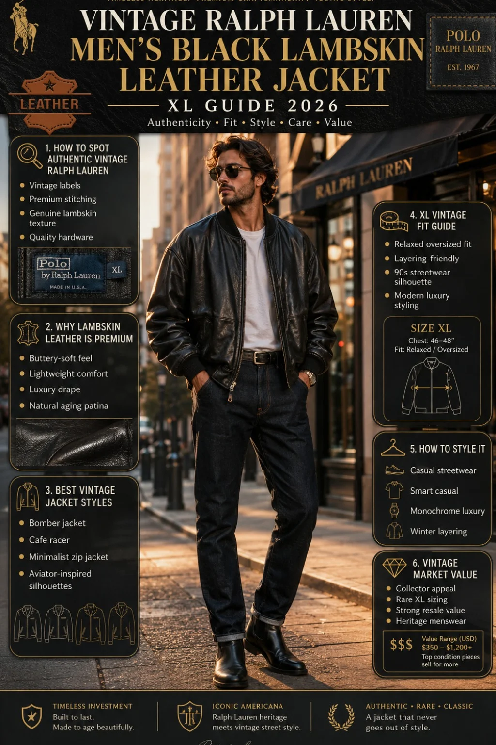 Vintage Ralph Lauren men’s black lambskin leather jacket XL styled in luxury vintage Americana fashion with oversized bomber fit and premium leather texture.