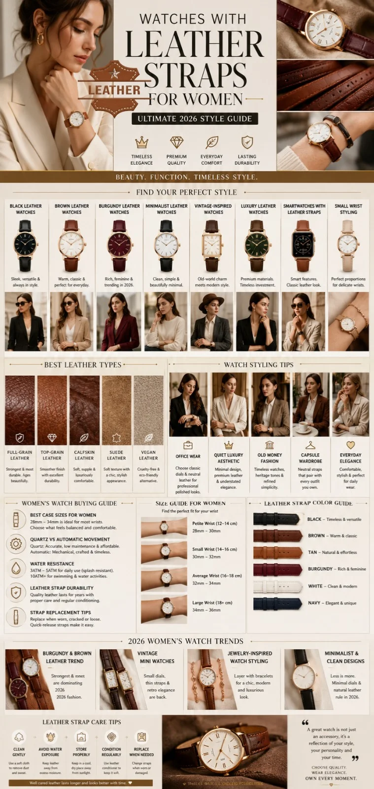 Luxury women’s watches with leather straps infographic featuring black, brown, burgundy, and minimalist leather watch styles for 2026 fashion trends.