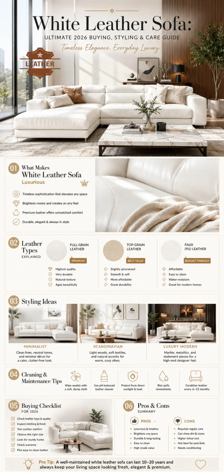 White leather sofa in a luxury modern living room with Scandinavian interior design, showing styling, durability, and cleaning guide for 2026 buyers.