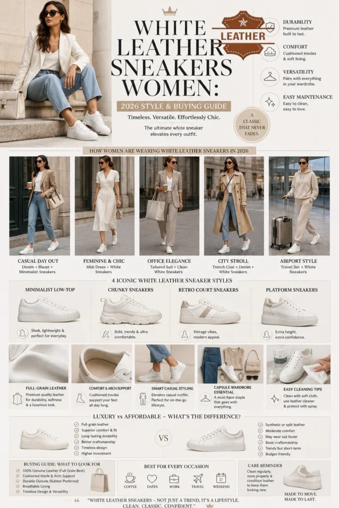 Women styling white leather sneakers with jeans, dresses, office outfits, and casual fashion looks in a 2026 white sneaker buying and styling infographic.
