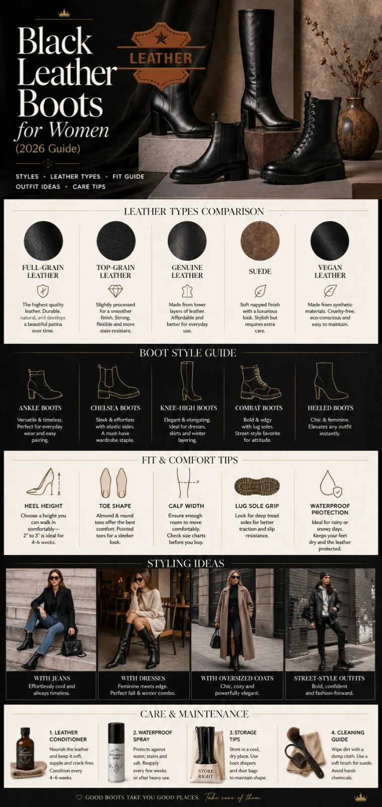 Black leather boots for women infographic showing ankle boots, knee-high boots, Chelsea boots, leather types, styling ideas, fit tips, and care guide for 2026 fashion trends