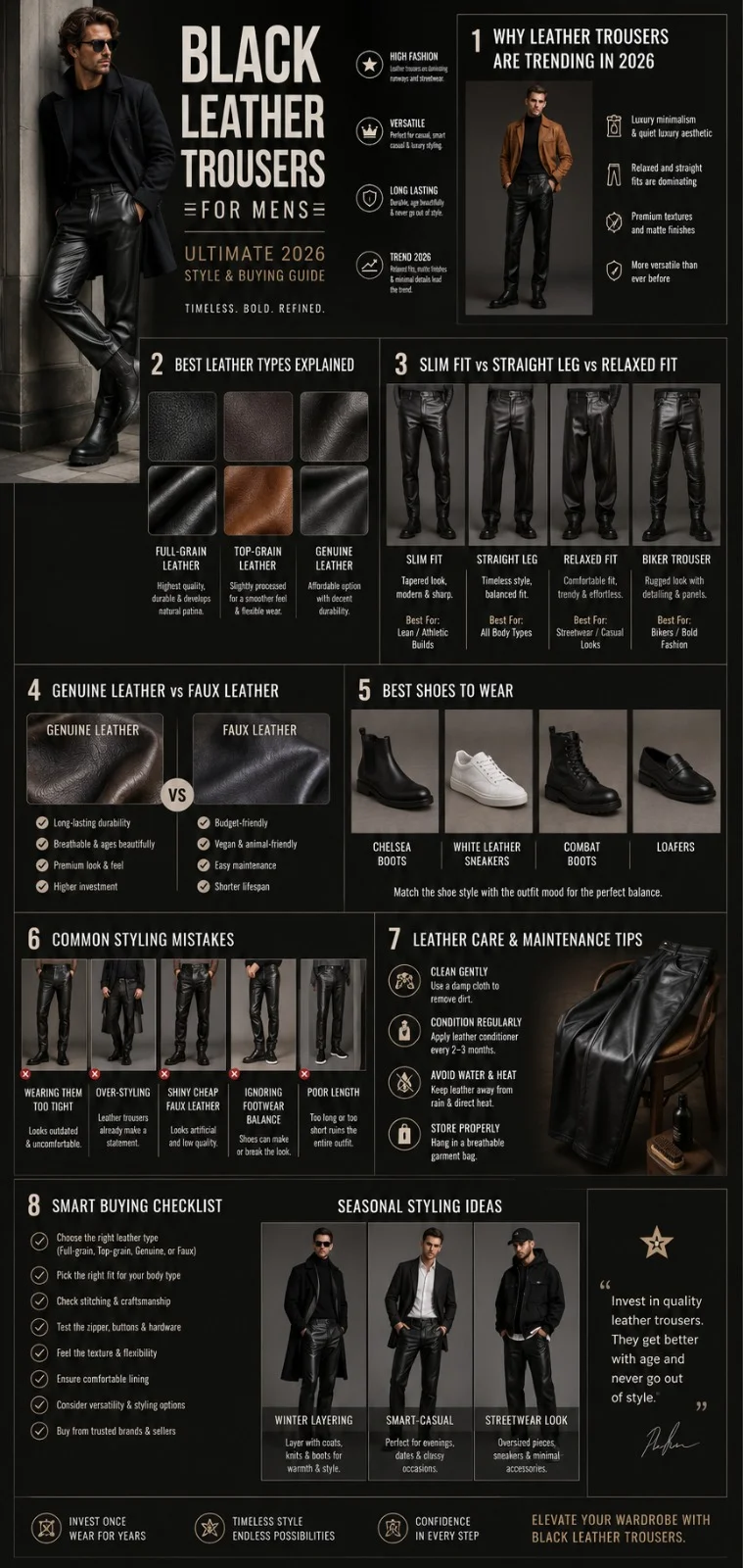Premium infographic showing black leather trousers for men in 2026, including leather types, outfit ideas, trouser fits, footwear styling, and leather care tips.