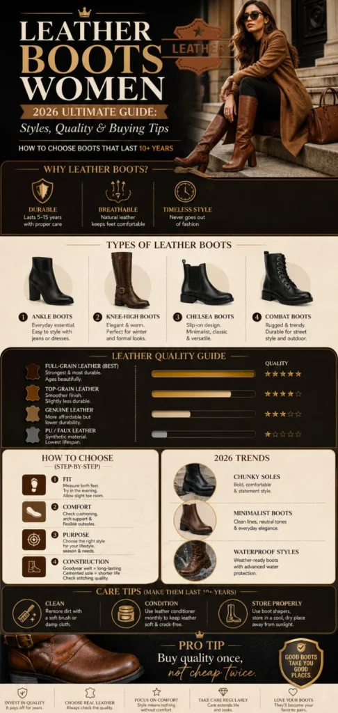 Leather boots women infographic showing styles, leather types, buying guide, care tips, and 2026 trends for durable and stylish footwear.