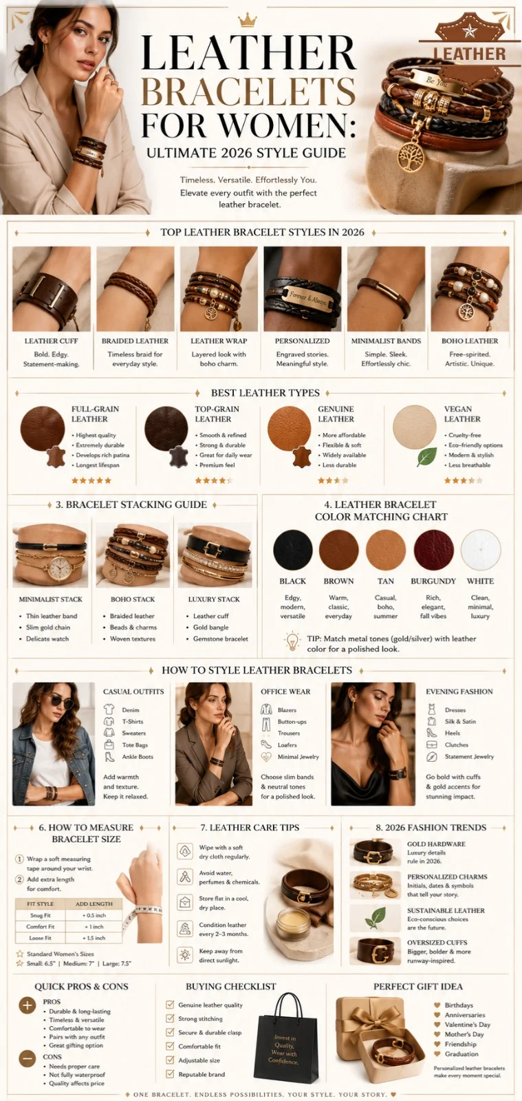 Leather bracelets for women infographic showing cuff, braided, wrap, minimalist, and personalized leather bracelet styles with 2026 fashion trends, stacking tips, leather types, sizing guide, and styling ideas.