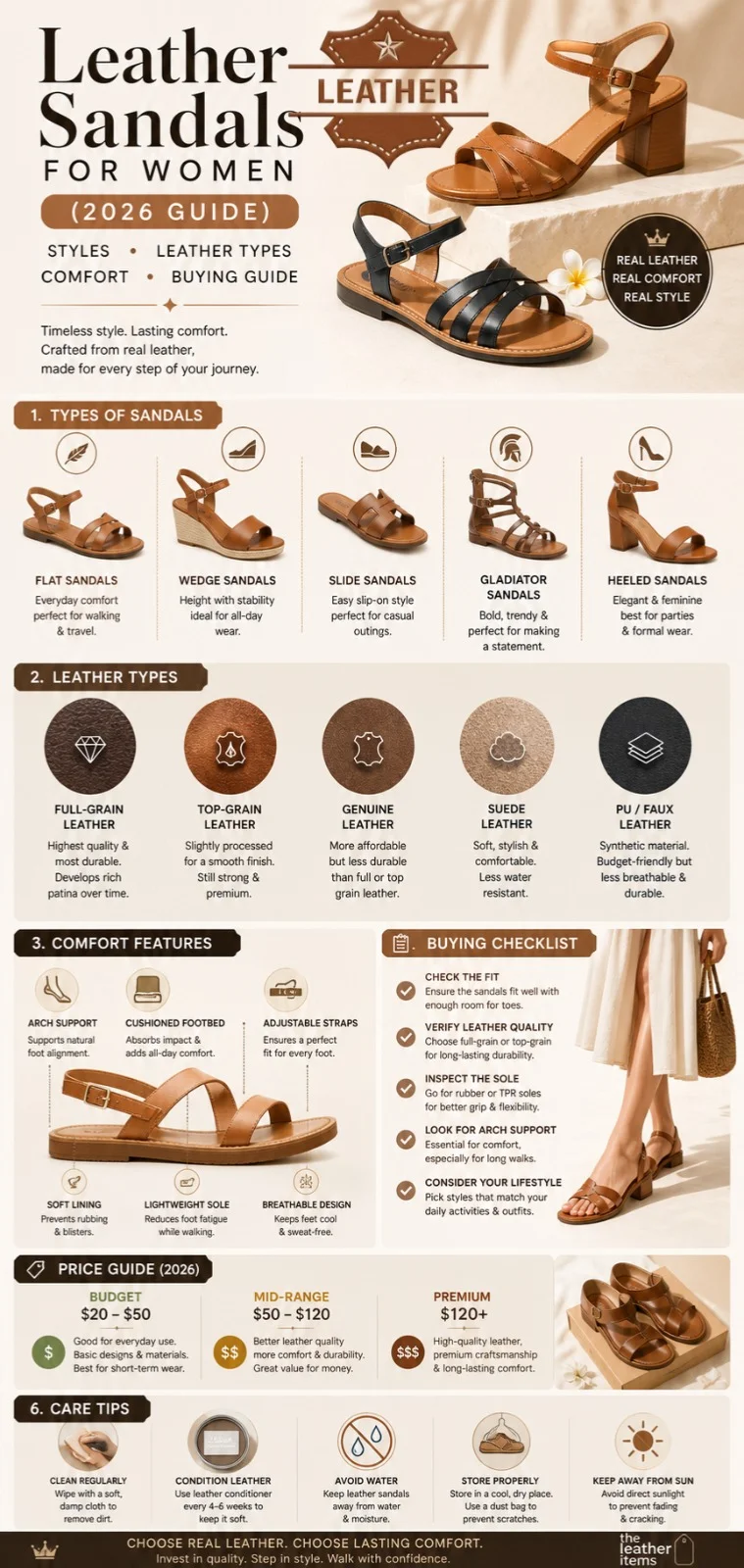 Leather sandals for women infographic showing styles, leather types, comfort features, buying guide, and care tips for 2026.
