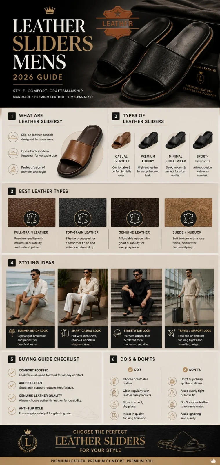 Leather sliders for men 2026 guide showing types, styling ideas, leather quality comparison, and buying tips for premium, comfortable summer footwear.