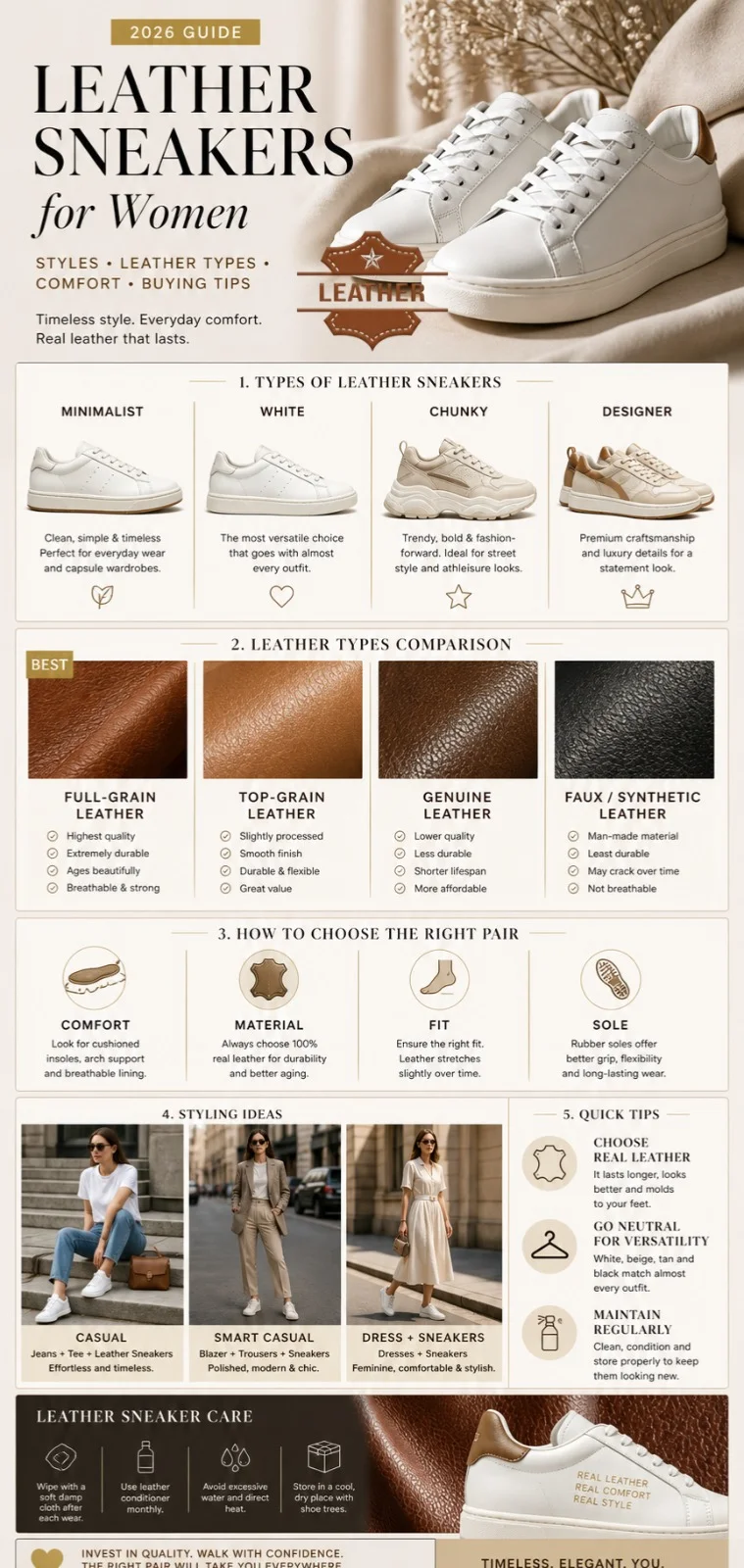 Leather sneakers for women infographic showing styles, leather types, outfit ideas, and buying tips for choosing the best comfortable sneakers.