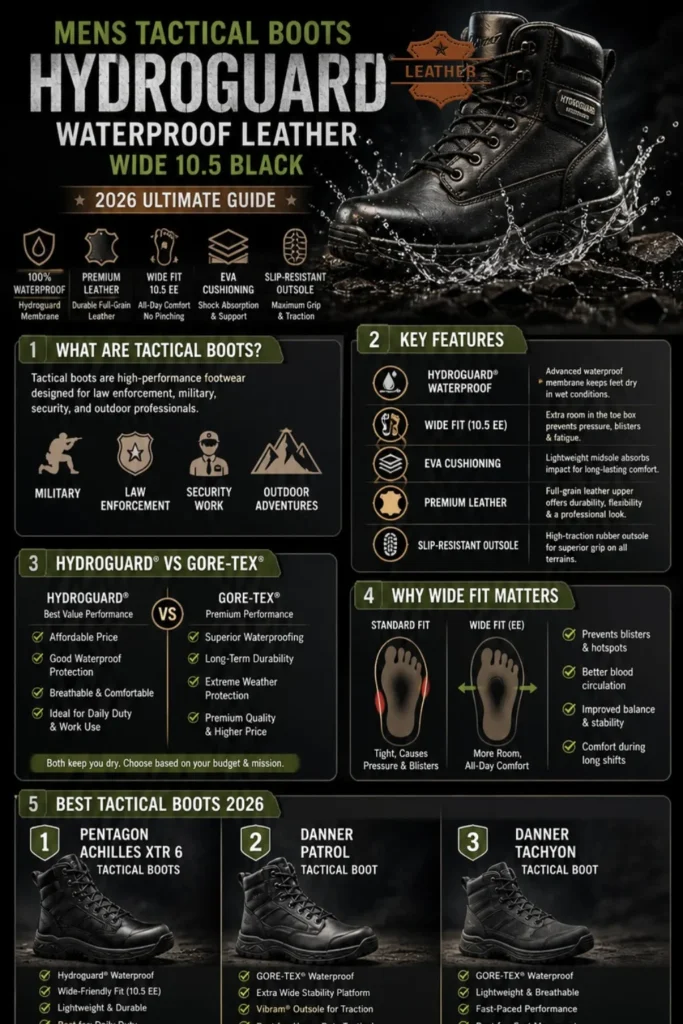 Men's tactical boots Hydroguard waterproof leather wide 10.5 black infographic showing features, comparison, and buying guide for 2026.