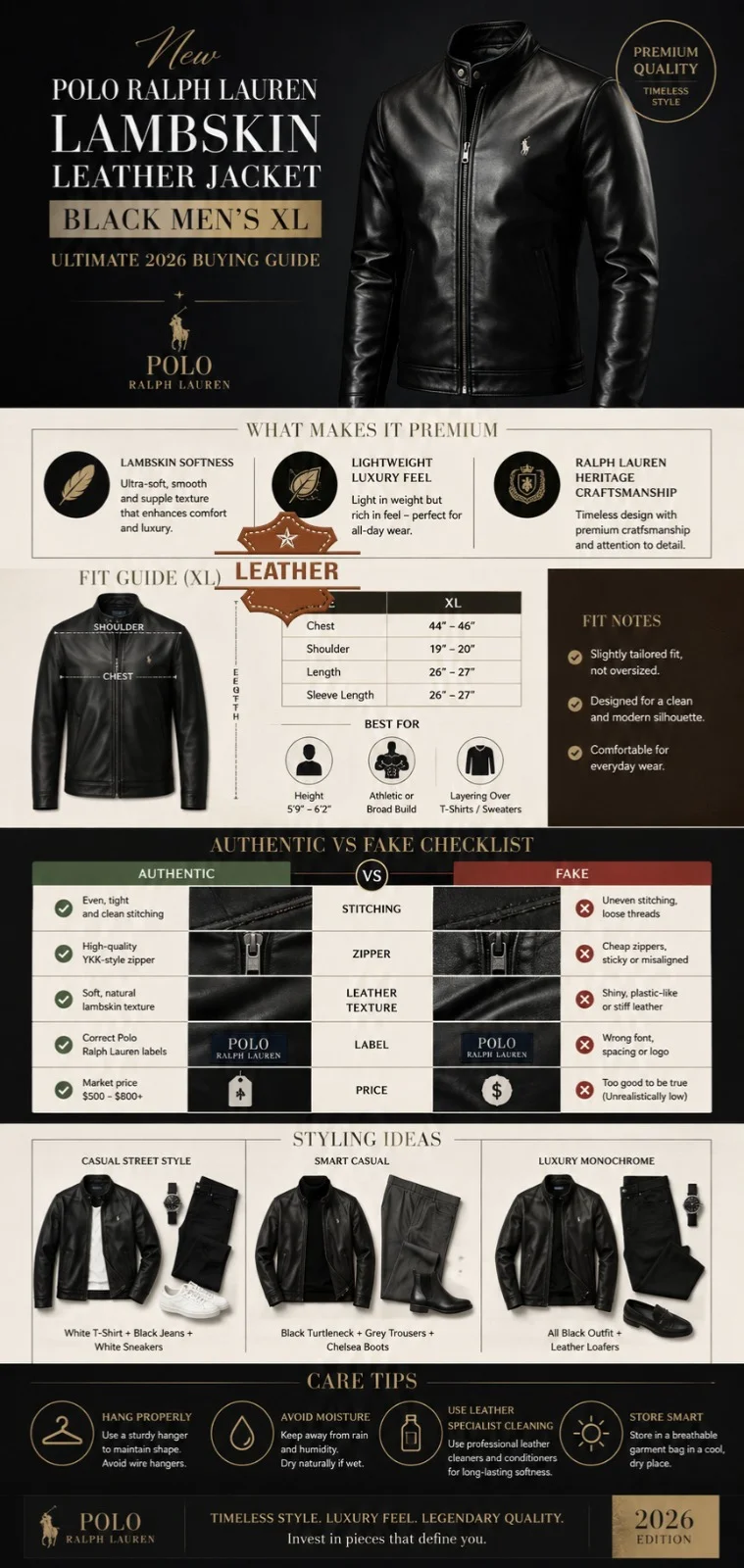 New Polo Ralph Lauren lambskin leather jacket black men’s XL infographic showing fit guide, authenticity tips, styling ideas, and luxury leather care instructions.
