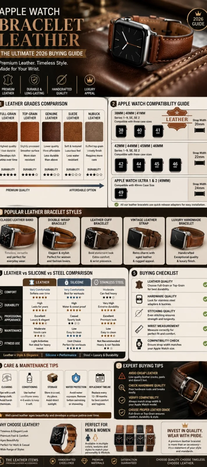 Apple Watch bracelet leather infographic showing leather grades, Apple Watch compatibility sizes, bracelet styles, buying guide, care tips, and luxury leather band comparisons for 2026 buyers.