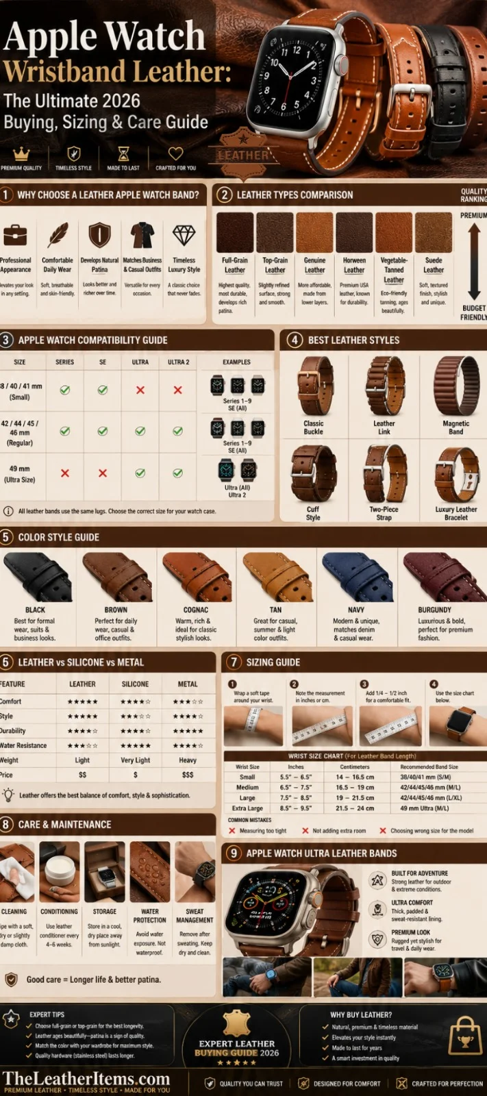 Apple Watch wristband leather infographic showing leather types, compatibility guide, sizing chart, color options, care tips, and buying advice for Apple Watch and Apple Watch Ultra users.